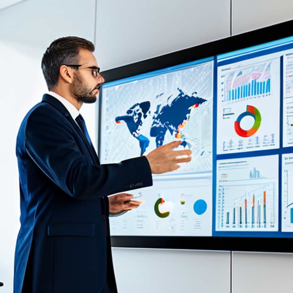 A professional male civil servant in a modest business suit, standing attentively in a modern government office. He is engaging with a large, interactive transparent screen displaying complex data visualizations, charts, and maps, symbolizing smart governance and data-driven decision-making. The setting is clean and high-tech, with soft studio lighting. perfect anatomy, correct proportions, natural pose, well-formed hands, proper finger count, high-resolution, professional photography, fully clothed, appropriate attire, modest clothing, safe for work, appropriate content, professional.