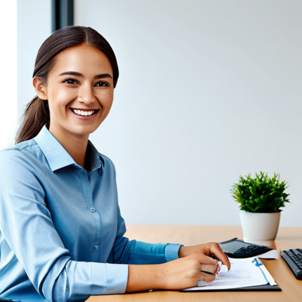 **

"A young professional woman in a modest business casual outfit, seated at a desk with paperwork. A computer is in front of her, she is smiling slightly, fully clothed, appropriate content, safe for work, perfect anatomy, natural pose, well-lit office environment, professional, family-friendly."

**