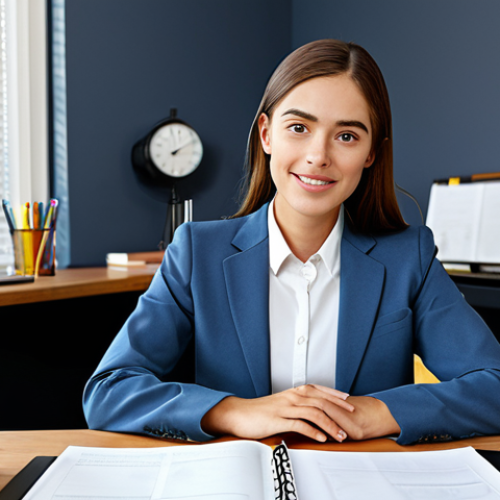 공무원 시험을 준비하는 대학생 이야기 - A young adult woman in a professional setting, wearing a modest business suit, sitting at a desk wit...