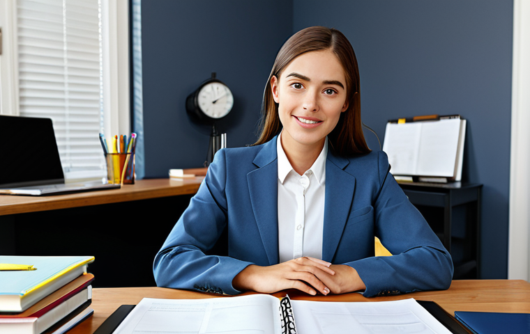 공무원 시험을 준비하는 대학생 이야기 - A young adult woman in a professional setting, wearing a modest business suit, sitting at a desk wit...