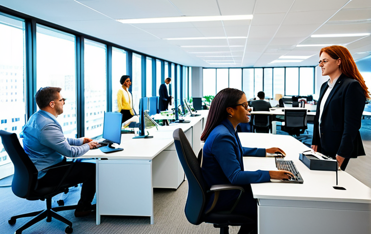 국가공무원과 지방공무원의 차이점 - **Image:** A group of diverse, fully clothed government employees in a modern, brightly lit office b...