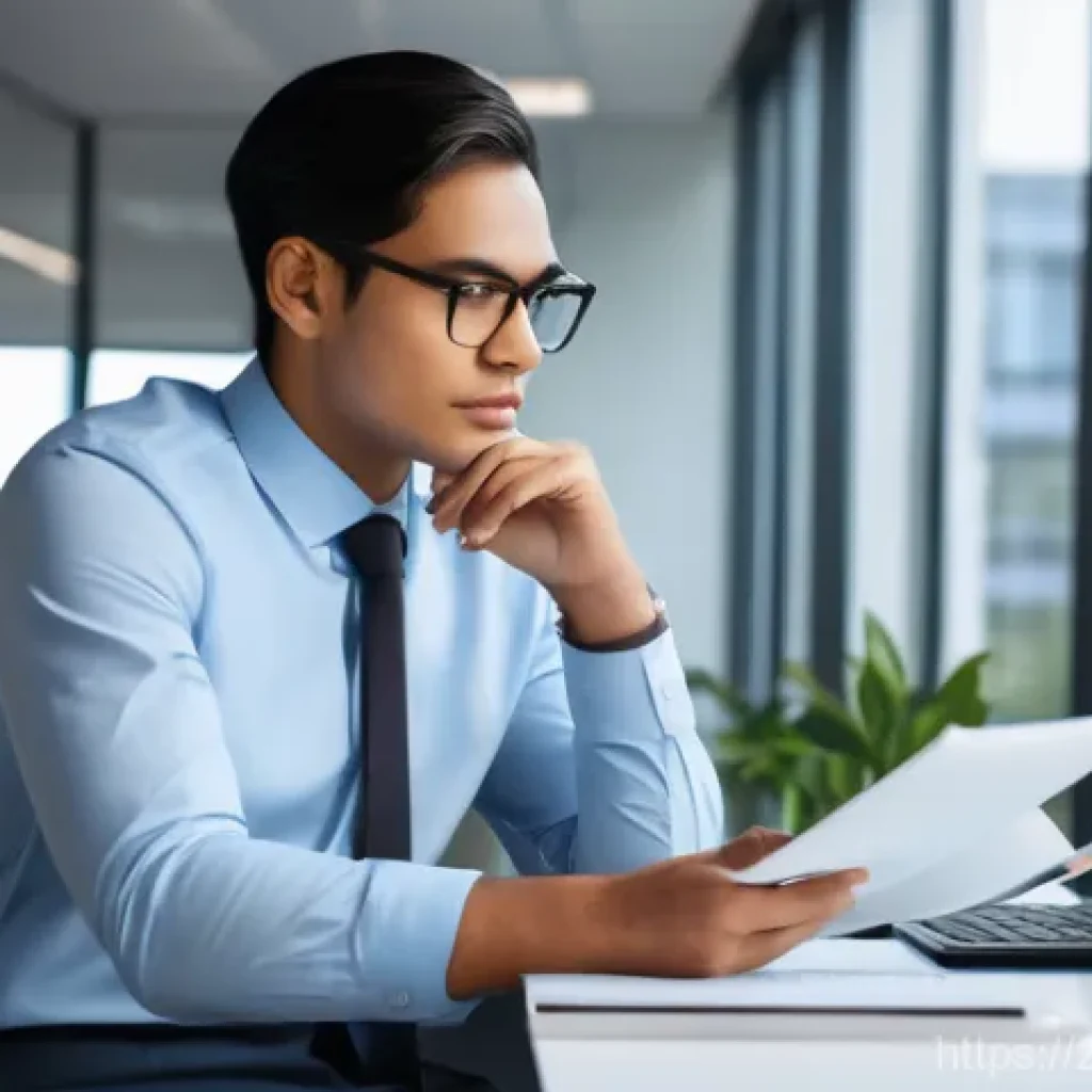 공무원 직렬 선택 시 주요 고려사항 - **Prompt:** A young professional, gender-neutral, with a thoughtful expression, seated at a modern d...