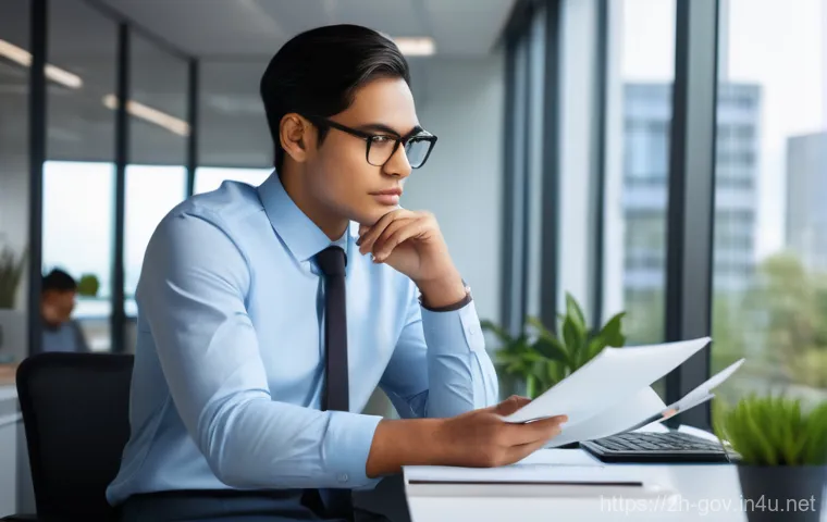 공무원 직렬 선택 시 주요 고려사항 - **Prompt:** A young professional, gender-neutral, with a thoughtful expression, seated at a modern d...