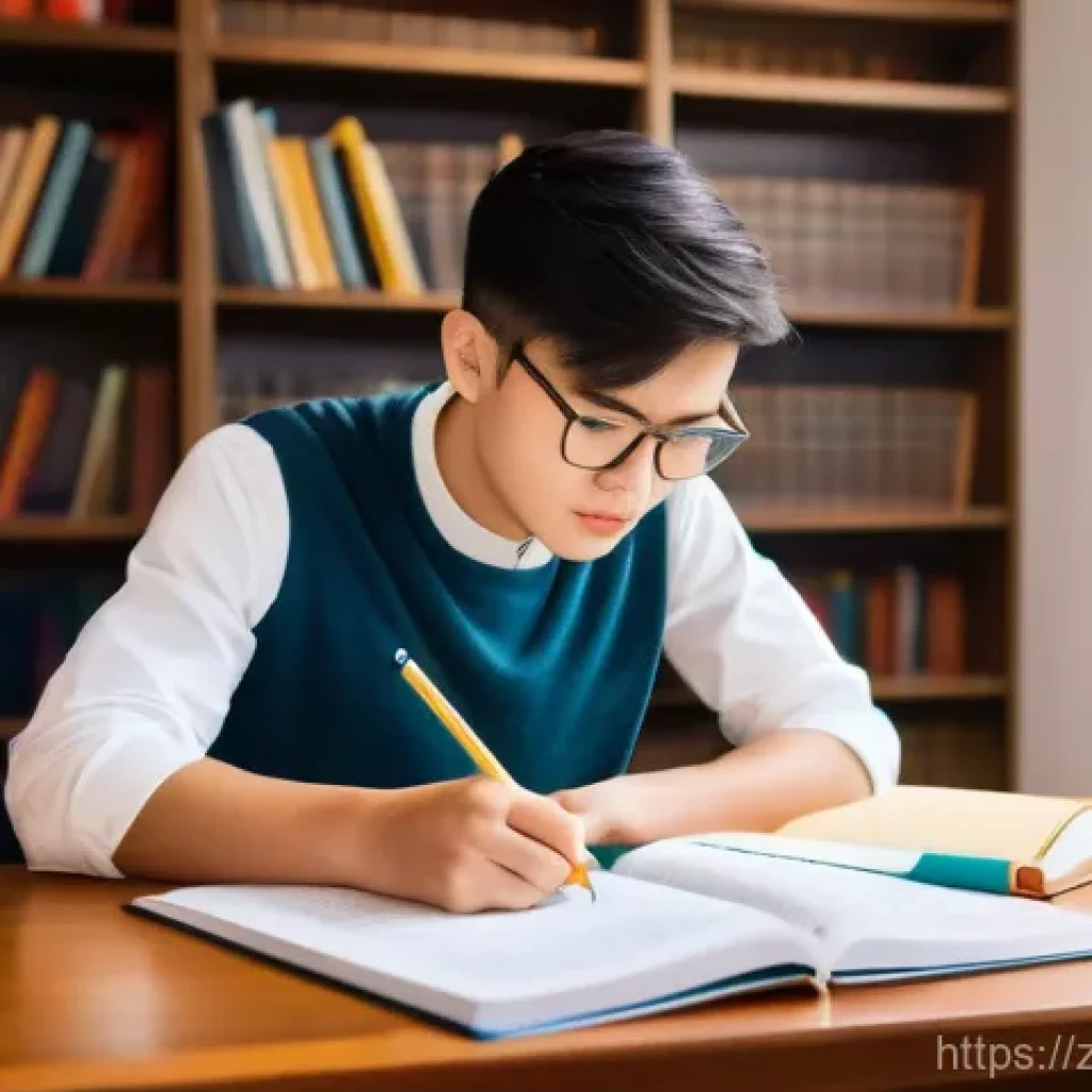 공무원 시험의 가장 큰 장벽 극복 방법 - A determined young Asian student, male or female, dressed in neat, smart casual clothes, is seated a...