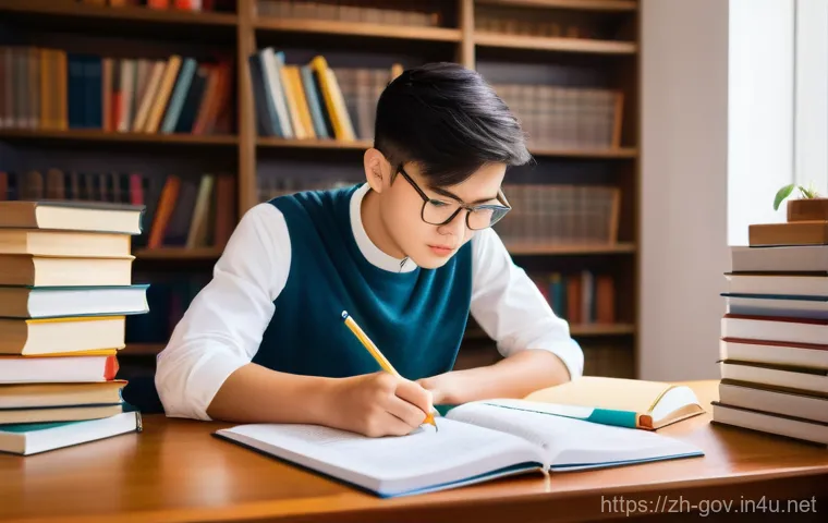 공무원 시험의 가장 큰 장벽 극복 방법 - A determined young Asian student, male or female, dressed in neat, smart casual clothes, is seated a...