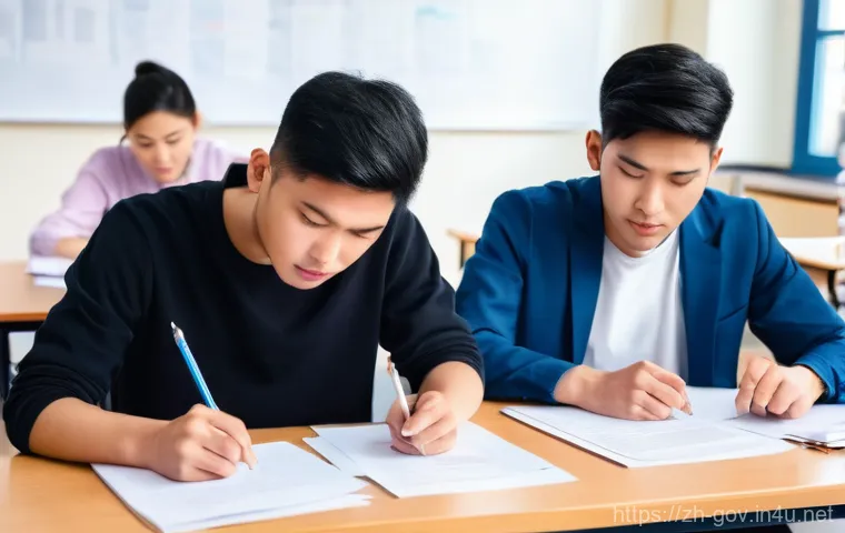 공무원 시험의 가장 큰 장벽 극복 방법 - A determined young Asian student, male or female, dressed in neat, smart casual clothes, is seated a...