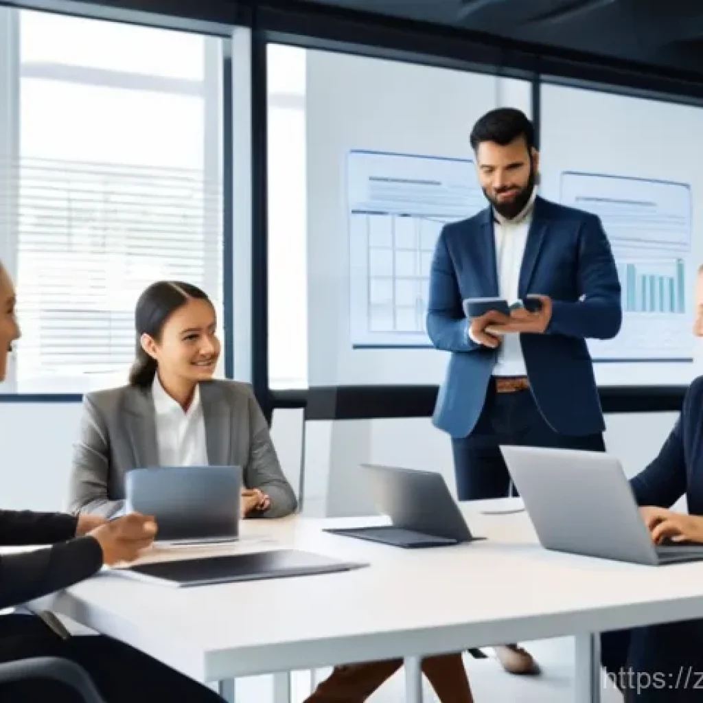 공무원 직무와 관련된 디지털 도구 - **Prompt:** A professional, diverse team of four individuals, two men and two women in their late 20...