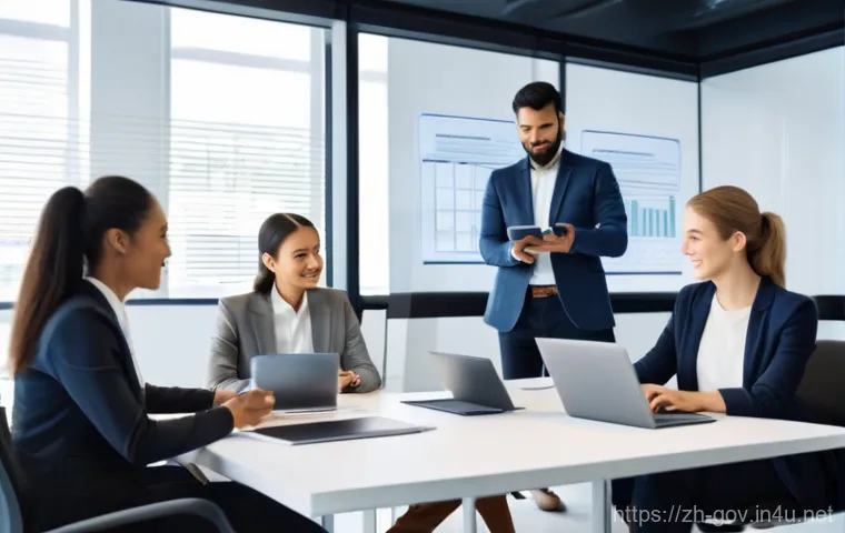 공무원 직무와 관련된 디지털 도구 - **Prompt:** A professional, diverse team of four individuals, two men and two women in their late 20...