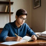 공무원 시험에서 실수하지 않는 방법 - **Prompt:** A young adult student, approximately 20-25 years old, sits at a wooden study desk, surro...