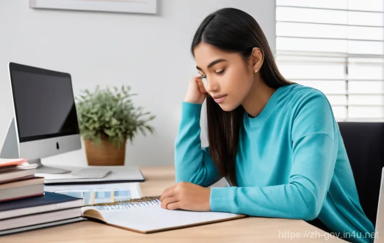 공무원 시험 준비 스터디 방법 - A dedicated young adult (18-25 years old) seated at a well-lit, organized study desk. They are weari...