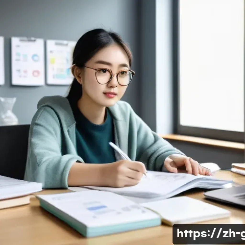 공무원 시험 초보자를 위한 가이드 - A modern study room scene featuring a young Chinese adult female student sitting at a desk with text...