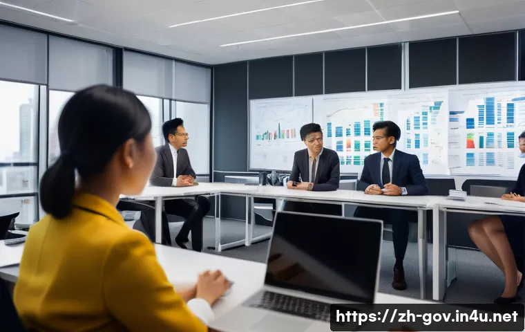 공무원 조직에서의 성공적인 갈등 해결 방법 - A diverse group of civil servants in a modern office setting, actively engaged in a team meeting. Th...