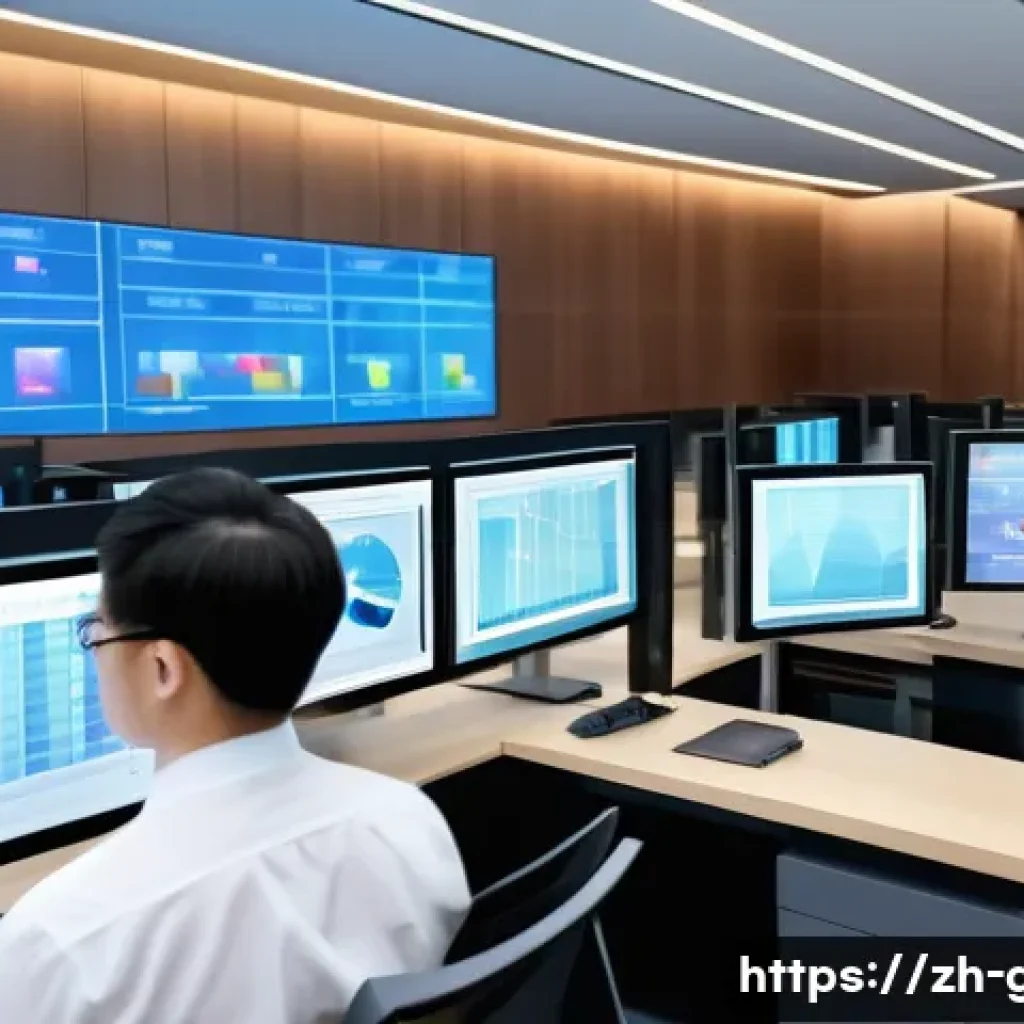 공무원 조직 내 혁신 사례 - A modern Chinese government office scene showcasing a diverse group of public servants using intelli...