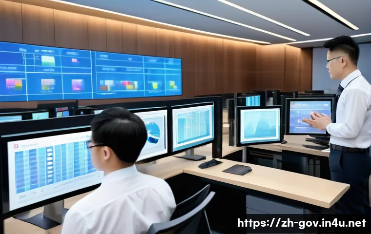 공무원 조직 내 혁신 사례 - A modern Chinese government office scene showcasing a diverse group of public servants using intelli...