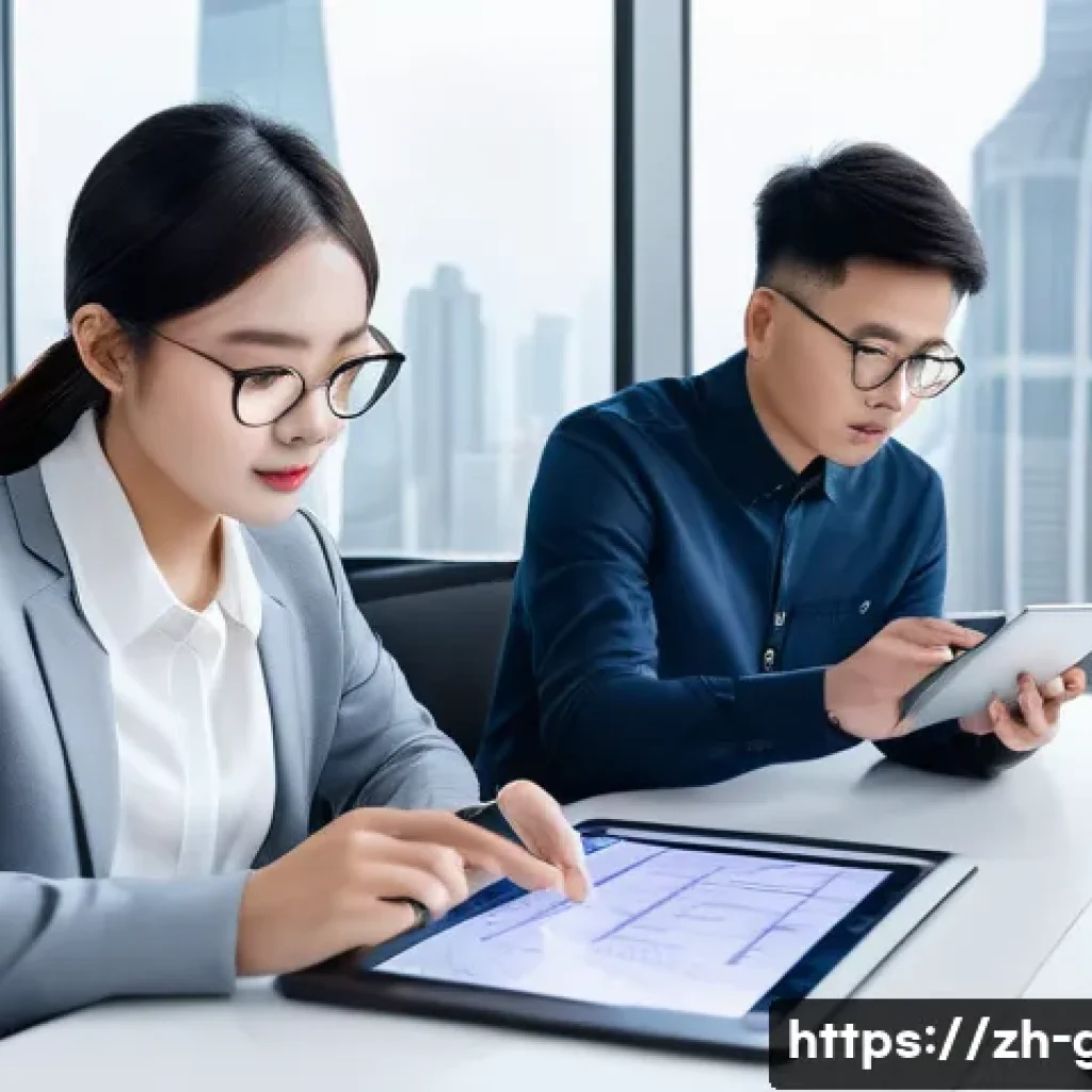 공무원 시험 필수 과목별 대표 사례 연구 - A detailed scene of a modern Chinese office environment where a group of young professionals are col...