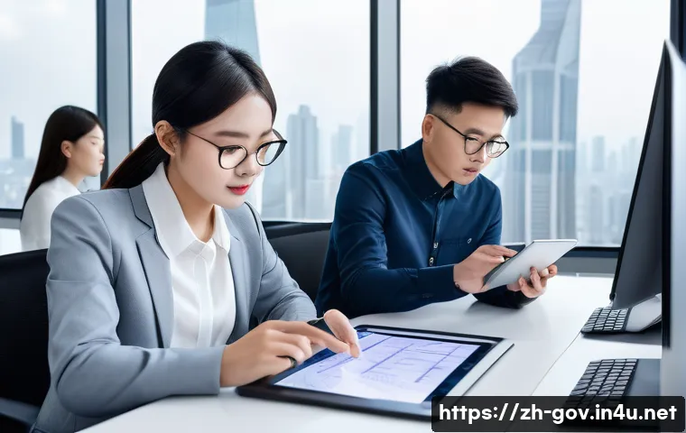 공무원 시험 필수 과목별 대표 사례 연구 - A detailed scene of a modern Chinese office environment where a group of young professionals are col...