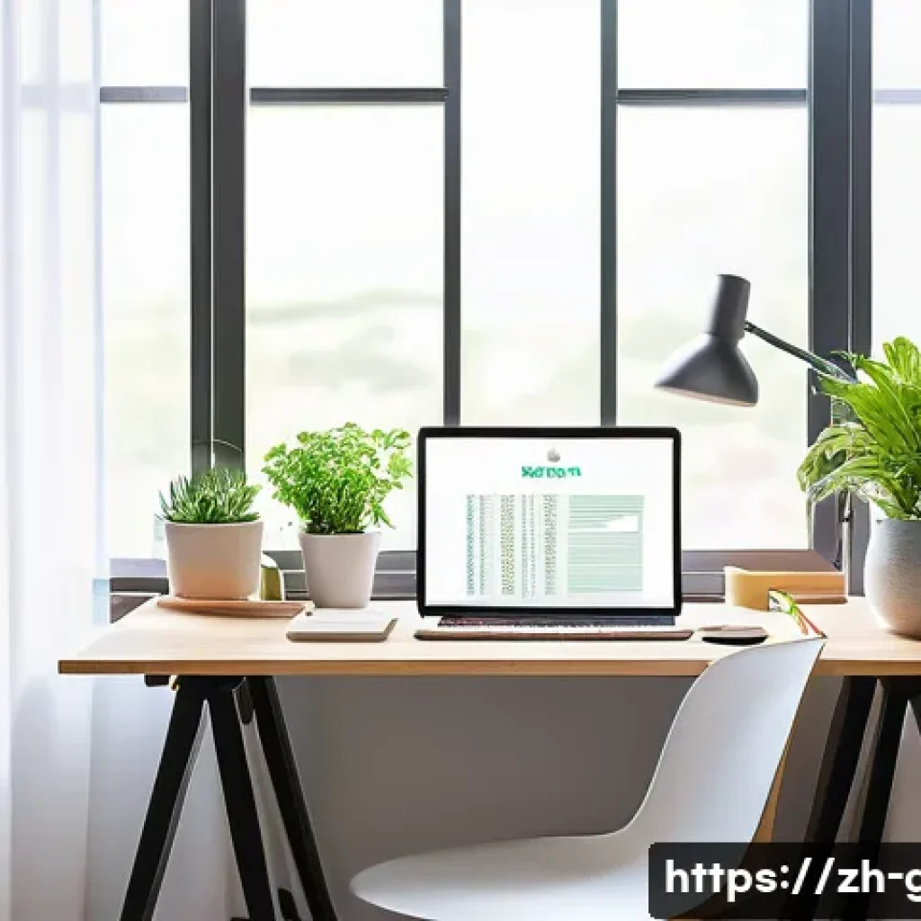 공무원 시험 공부에 최적화된 환경 - A bright, modern study room bathed in soft natural morning sunlight streaming through a large window...