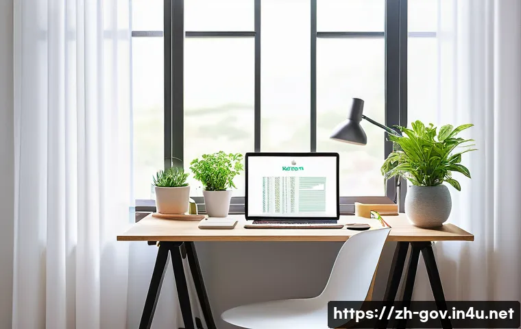 공무원 시험 공부에 최적화된 환경 - A bright, modern study room bathed in soft natural morning sunlight streaming through a large window...