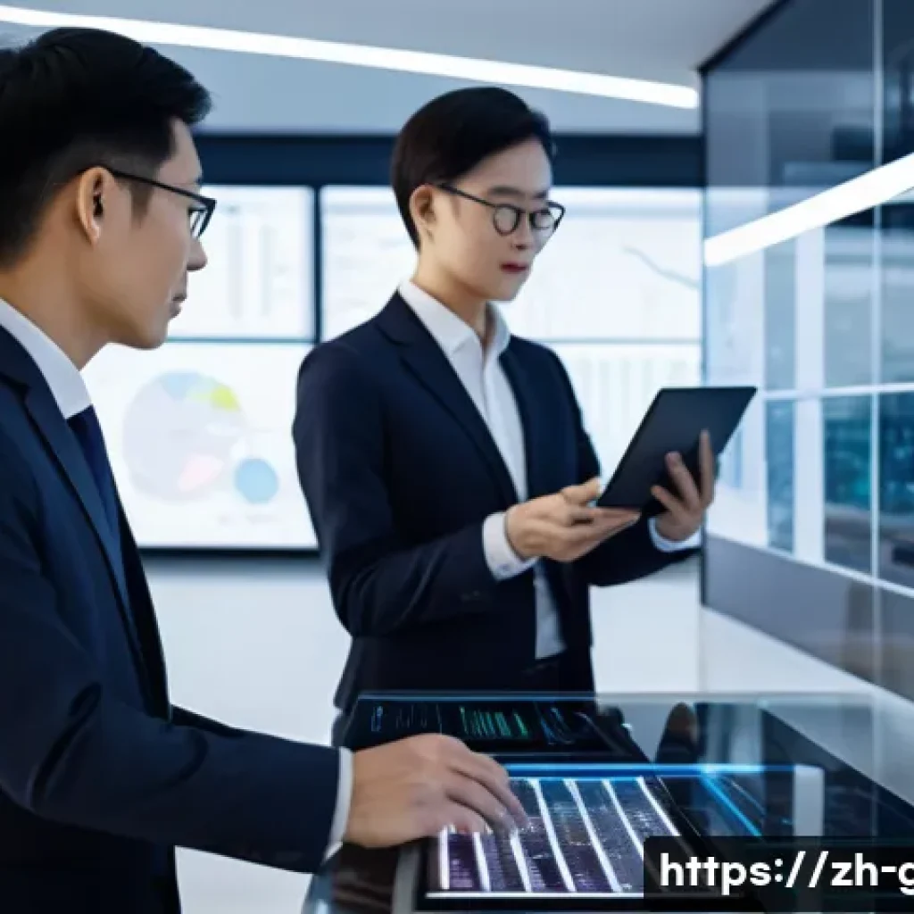 공무원 직무와 관련된 트렌드 기술 - A modern government office scene showcasing a diverse group of Chinese civil servants working collab...