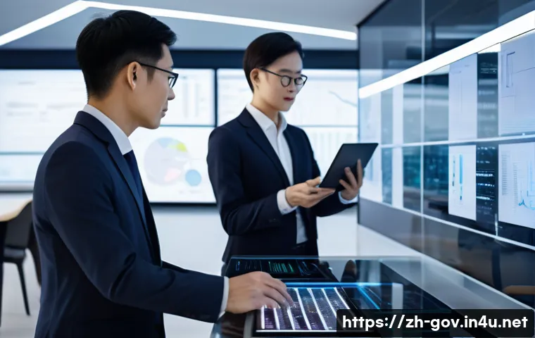 공무원 직무와 관련된 트렌드 기술 - A modern government office scene showcasing a diverse group of Chinese civil servants working collab...