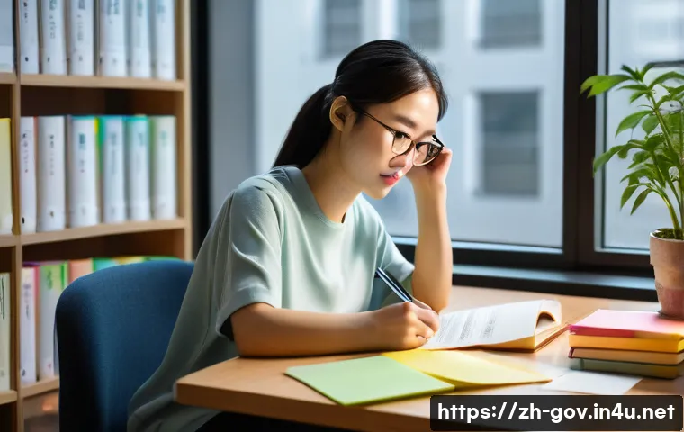 공무원 시험에서 자주 나오는 질문 - A modern study scene featuring a young Chinese adult sitting at a clean desk with open textbooks and...