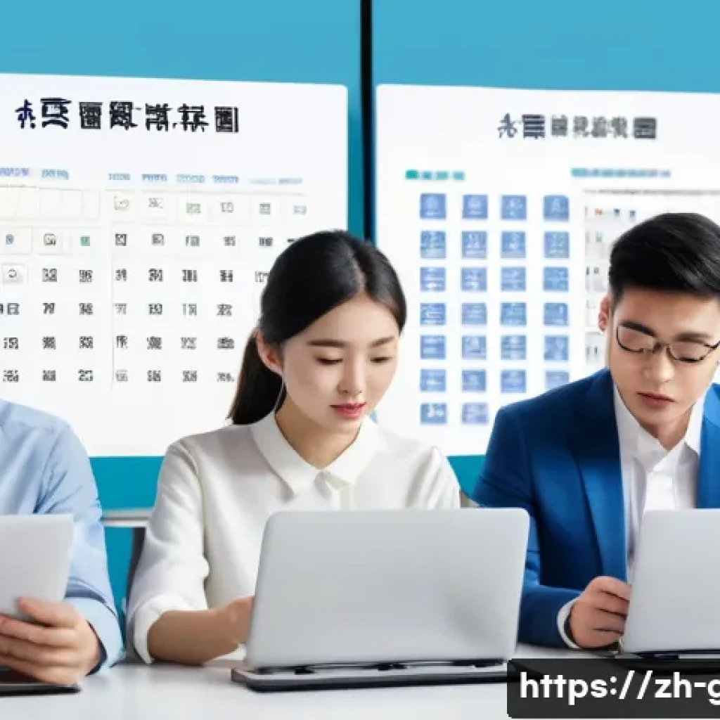 공무원 채용 공고 분석 노하우 - A modern office scene showing a diverse group of young Chinese professionals attentively reading det...