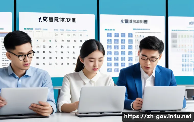 공무원 채용 공고 분석 노하우 - A modern office scene showing a diverse group of young Chinese professionals attentively reading det...