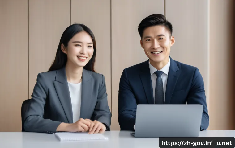 공무원 면접 필수 준비 사항 - A modern professional interview scene in a bright office, featuring a confident young Asian man dres...