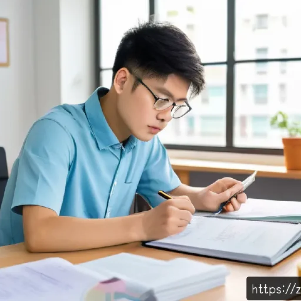 공무원 시험과 관련된 대표적인 성공 사례 - A focused young Chinese adult studying efficiently at a modern desk in a clean, quiet room, surround...