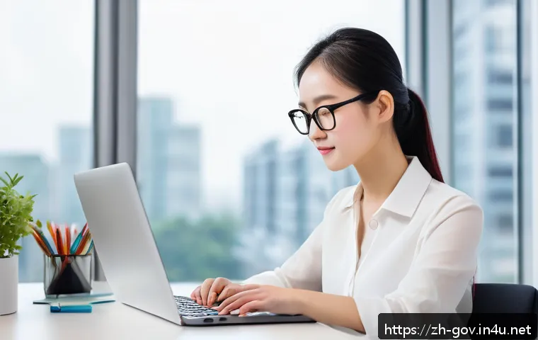 공무원 실기 시험 체크리스트 - A modern office environment showing a young Chinese professional woman sitting at a clean desk, focu...