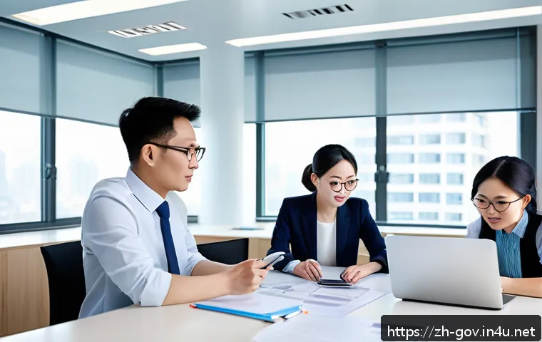 공무원 생활 중 개인적인 경험 공유 - A modern Chinese government office scene showing diverse civil servants actively collaborating in a ...