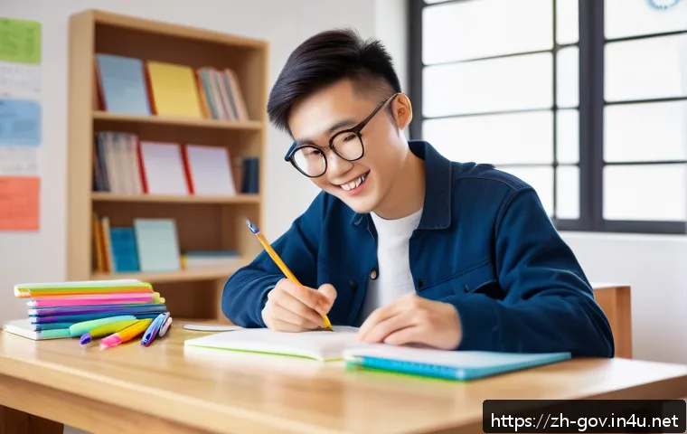 국가공무원 자격증 취득 꿀팁 - A modern study room scene featuring a young adult Chinese student sitting at a clean wooden desk wit...
