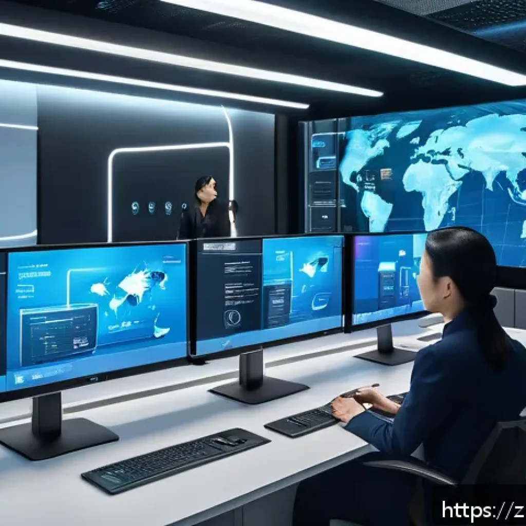 공무원 직무와 관련된 최신 기술 트렌드 - A modern government office environment showcasing a diverse team of professionals using intelligent ...