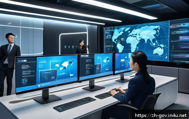 공무원 직무와 관련된 최신 기술 트렌드 - A modern government office environment showcasing a diverse team of professionals using intelligent ...