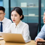 공무원 조직 문화와 적응 방법 - A modern Chinese office environment with a diverse group of young civil servants quietly observing a...