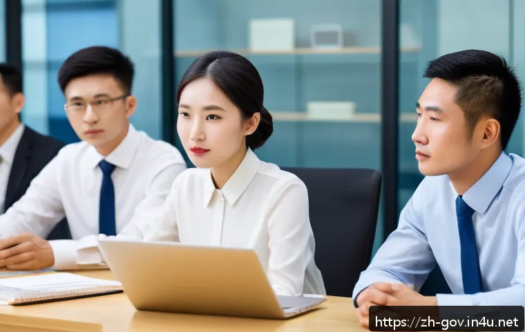 공무원 조직 문화와 적응 방법 - A modern Chinese office environment with a diverse group of young civil servants quietly observing a...