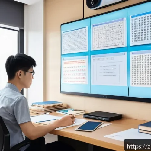공무원 채용 시험의 변화 동향 - A modern study room scene showing a young Chinese professional seated at a sleek desk, attentively r...