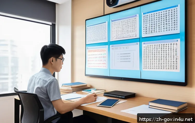 공무원 채용 시험의 변화 동향 - A modern study room scene showing a young Chinese professional seated at a sleek desk, attentively r...