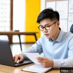 공무원 승진 시험 준비를 위한 온라인 강의 - A modern study room scene featuring a young Chinese professional preparing for a civil service promo...