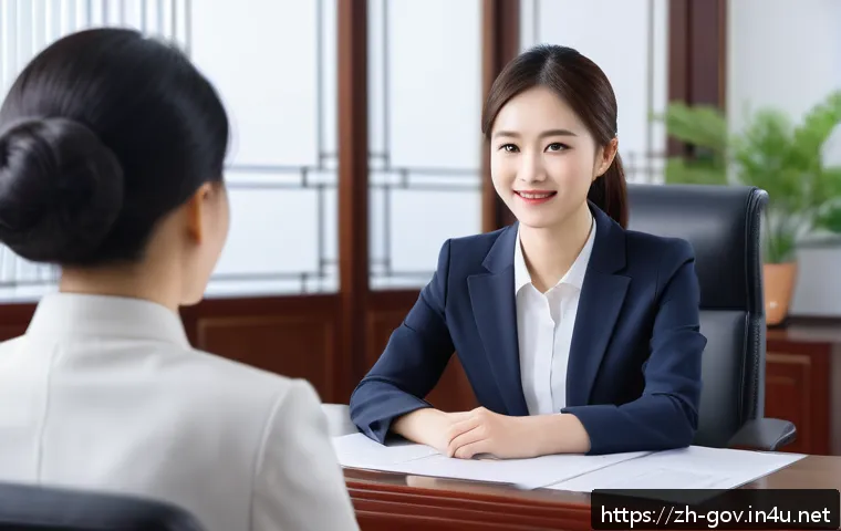 공무원 면접에서 하지 말아야 할 말 - A professional Chinese civil service interview scene featuring a confident young adult candidate dre...