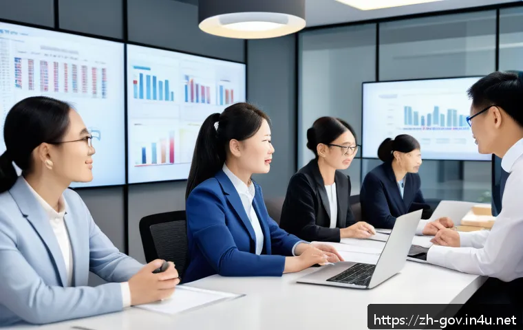 공무원 조직 내 협력 문화 조성 사례 - A modern government office setting showcasing a diverse team of civil servants engaged in a multi-le...