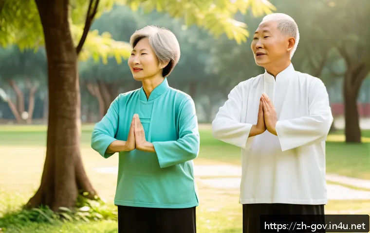 공무원 정년 이후 계획 세우기 - A serene scene of a retired Chinese couple attending a community Tai Chi class in a peaceful park du...