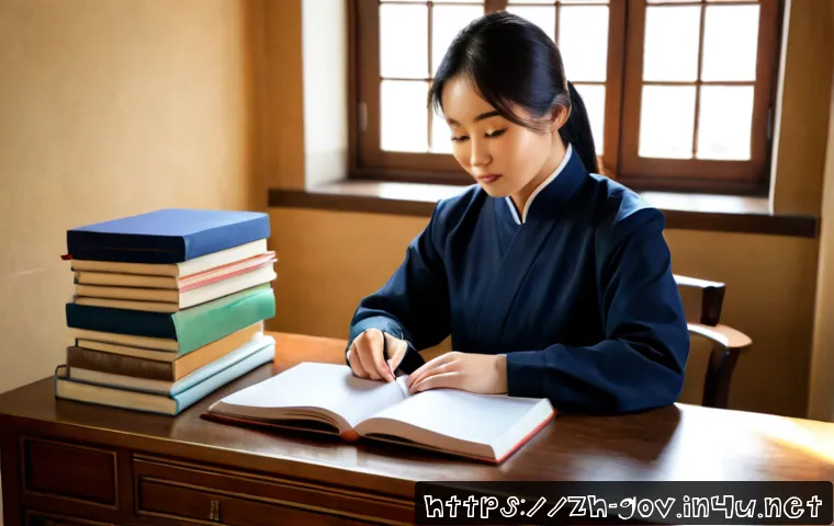 공무원 자기계발 추천 도서 - Photorealistic scene of a diligent East Asian civil servant in a neat home office, thoughtfully sele...