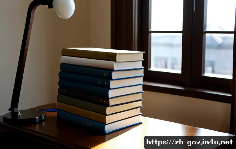 공무원 시험 준비 중 도움 되는 책 추천 - Photorealistic study desk for civil service exam preparation, an organized stack of thick unmarked r...
